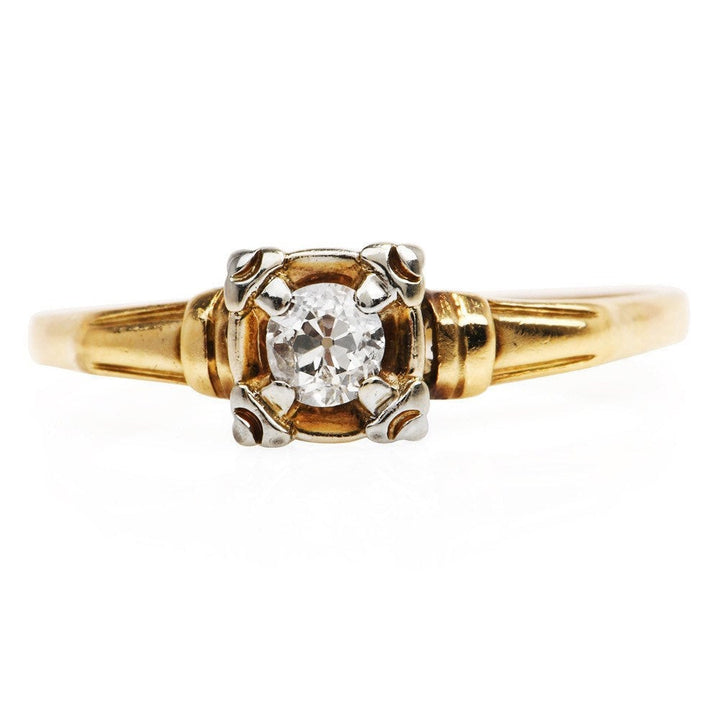 Vintage 1930s Bicolor Yellow and White Gold 0.20ct Diamond Solitaire Engagement Ring with European Cut
