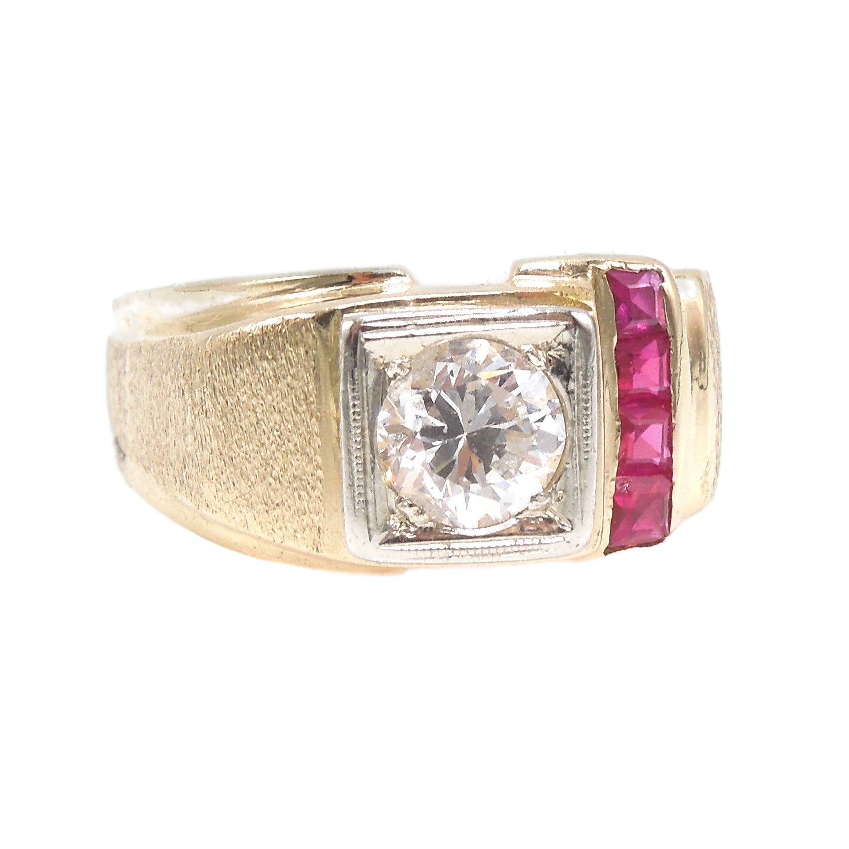 Midcentury Diamond and Ruby Yellow Gold Asymmetrical Gents Ring
