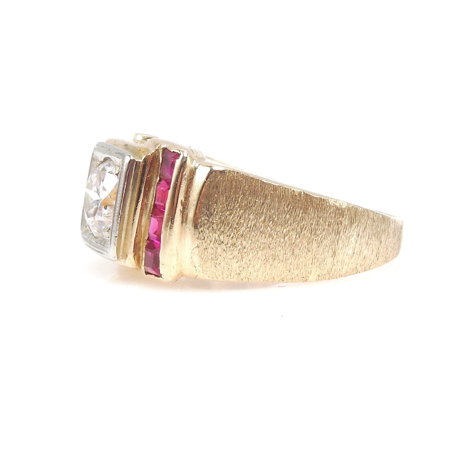 Midcentury Diamond and Ruby Yellow Gold Asymmetrical Gents Ring