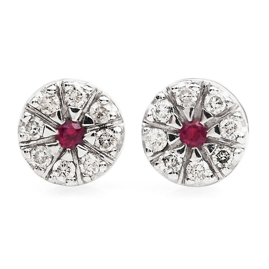 Diamond and Ruby 18K White Gold Small Round Stud Earrings