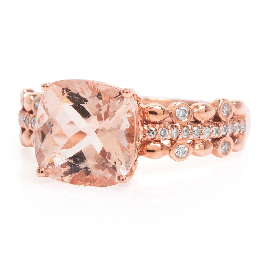 Rose Gold and Cushion Cut Morganite Ring with Accent Diamonds