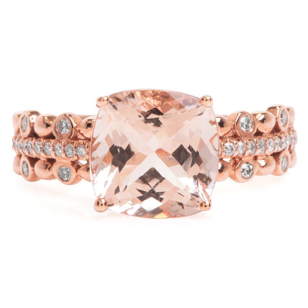 Rose Gold and Cushion Cut Morganite Ring with Accent Diamonds