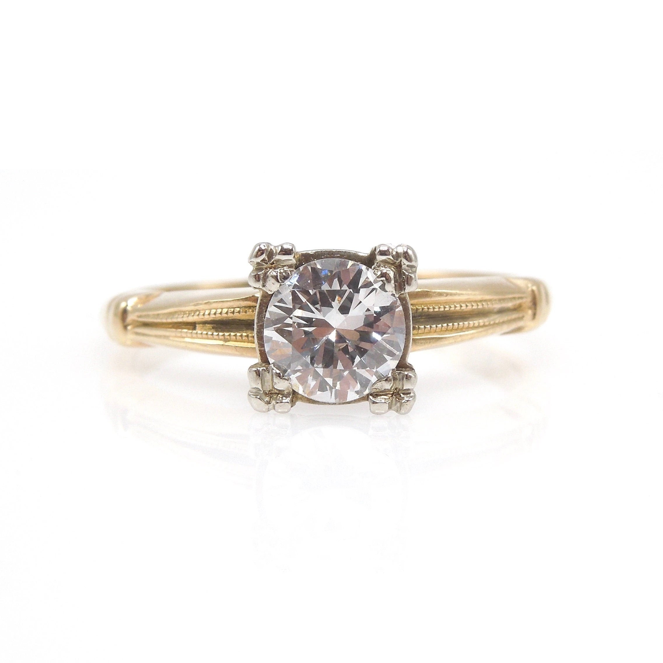 Bicolor 14K White and Yellow Gold 1930s Vintage 0.61ct Diamond Engagement Ring
