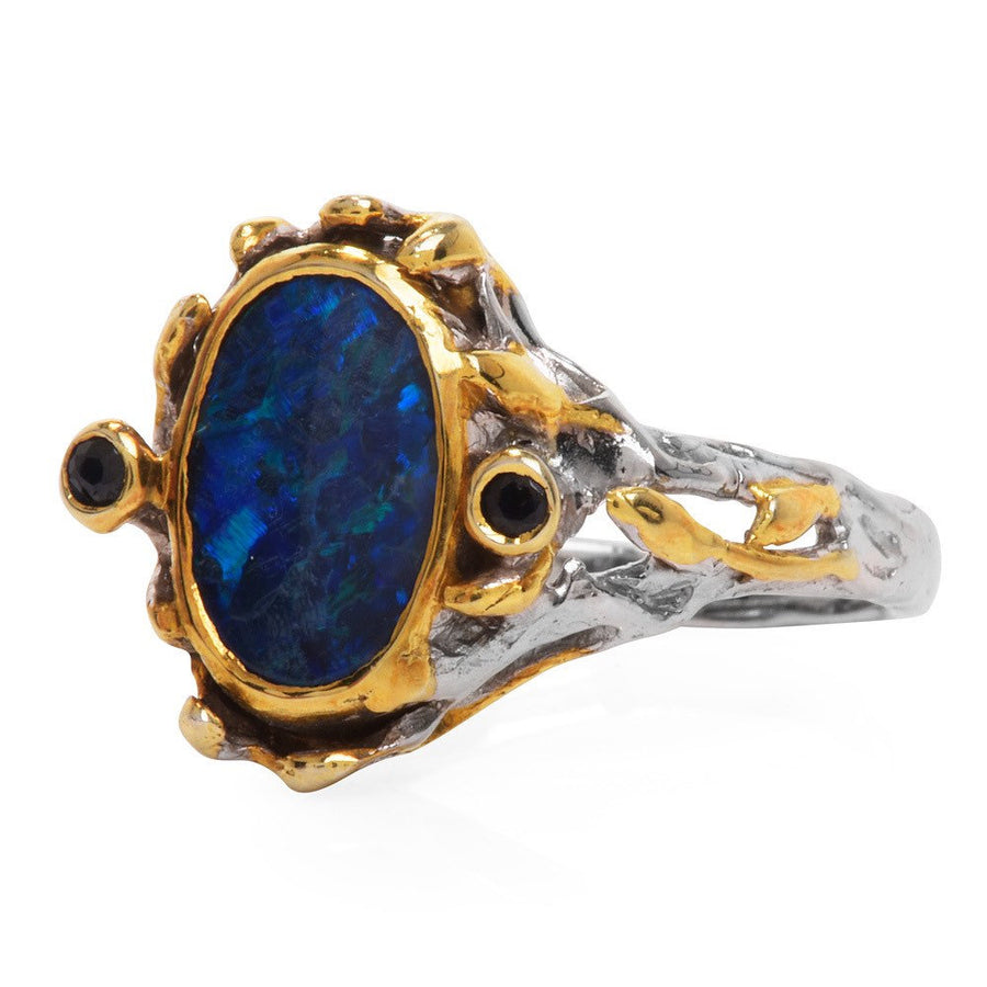 Unusual Black Opal Ring in Sterling Silver and Yellow Gold with Sapphire Accents