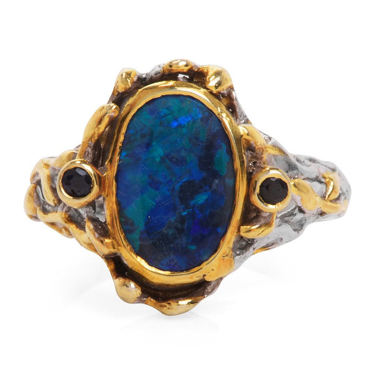 Unusual Black Opal Ring in Sterling Silver and Yellow Gold with Sapphire Accents