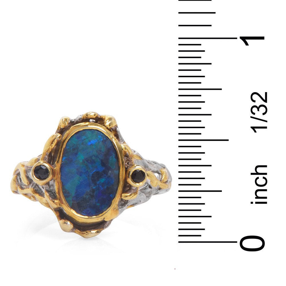 Unusual Black Opal Ring in Sterling Silver and Yellow Gold with Sapphire Accents