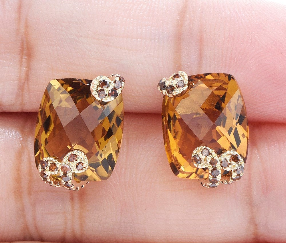 Estate Citrine and Brown Diamond Stud Earrings in Yellow Gold
