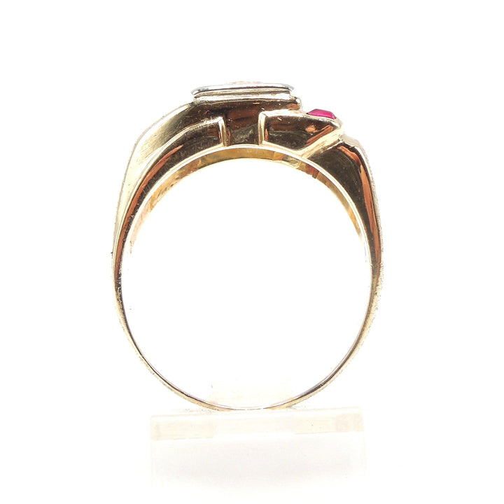 Midcentury Diamond and Ruby Yellow Gold Asymmetrical Gents Ring