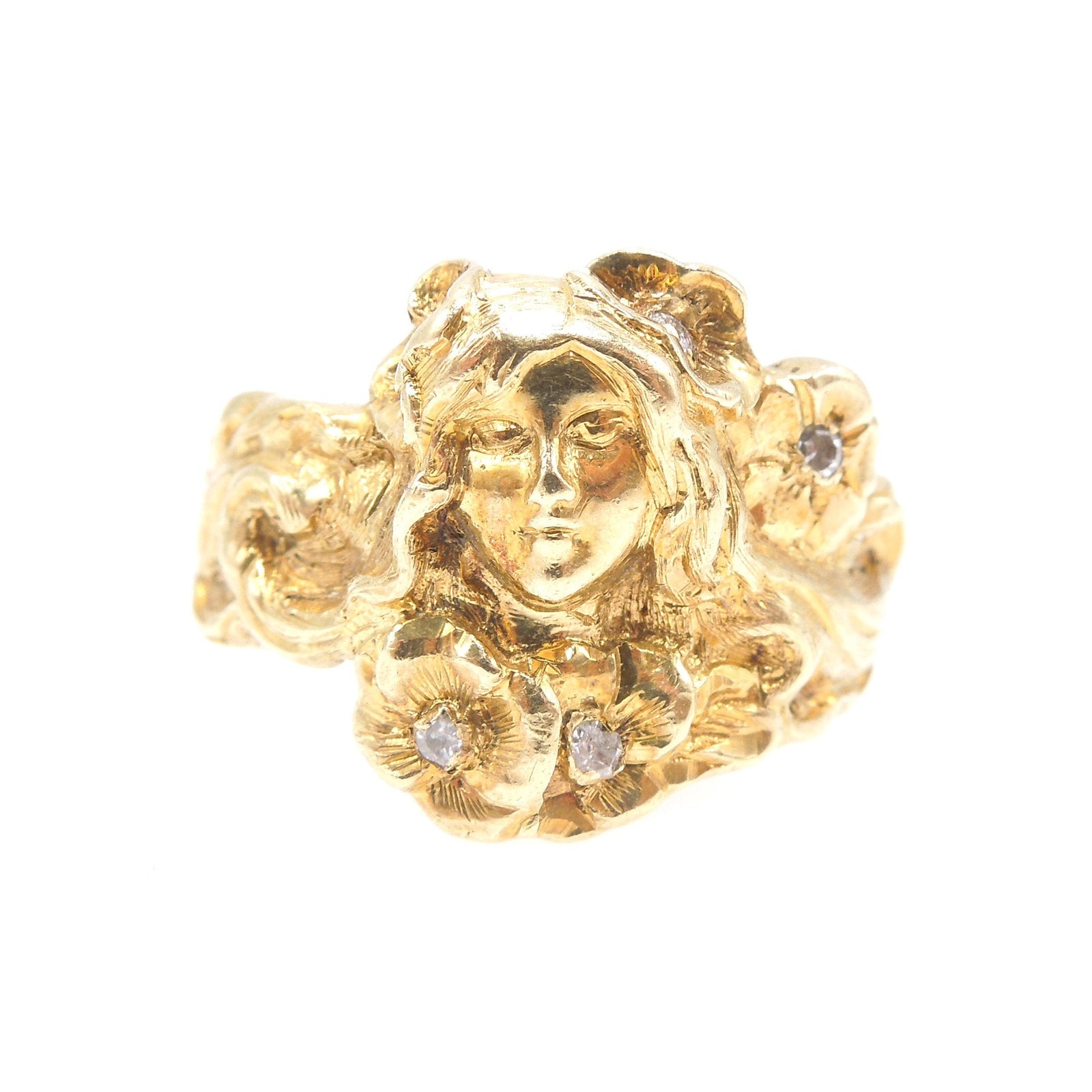 14K Yellow Gold Art Nouveau Style Ring - Lady Surrounded by Flowers with Diamonds