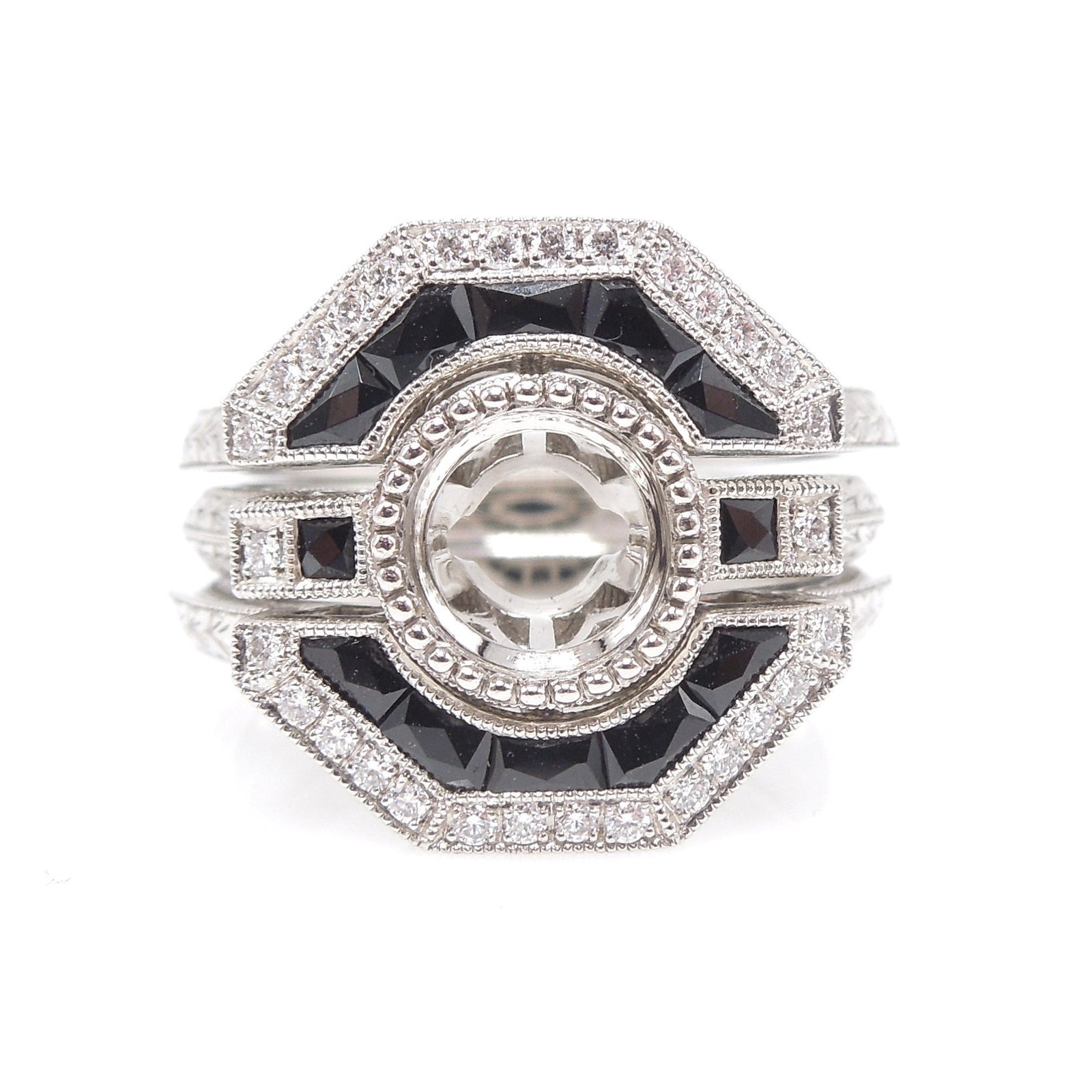 Platinum Diamond and Onyx Engagement Ring with Pair of Matched Ring Guards