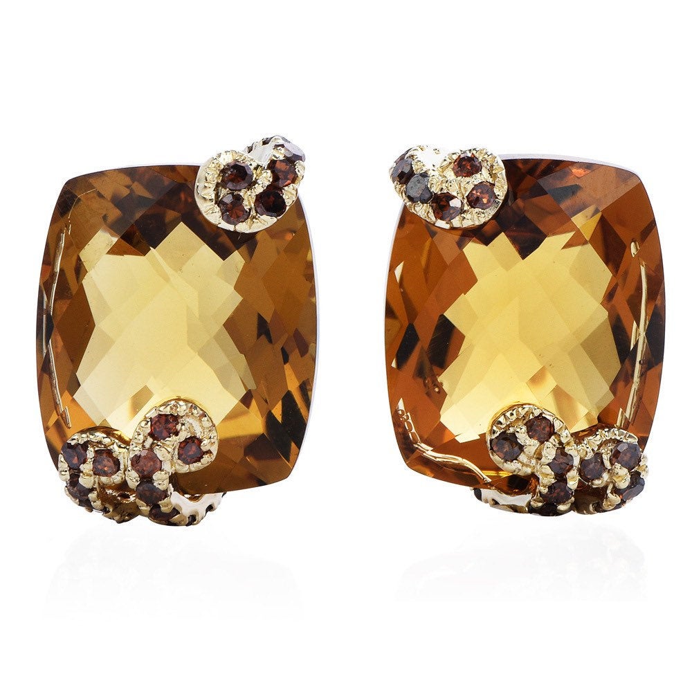 Estate Citrine and Brown Diamond Stud Earrings in Yellow Gold
