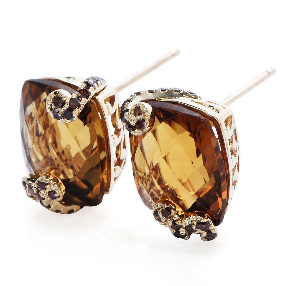 Estate Citrine and Brown Diamond Stud Earrings in Yellow Gold