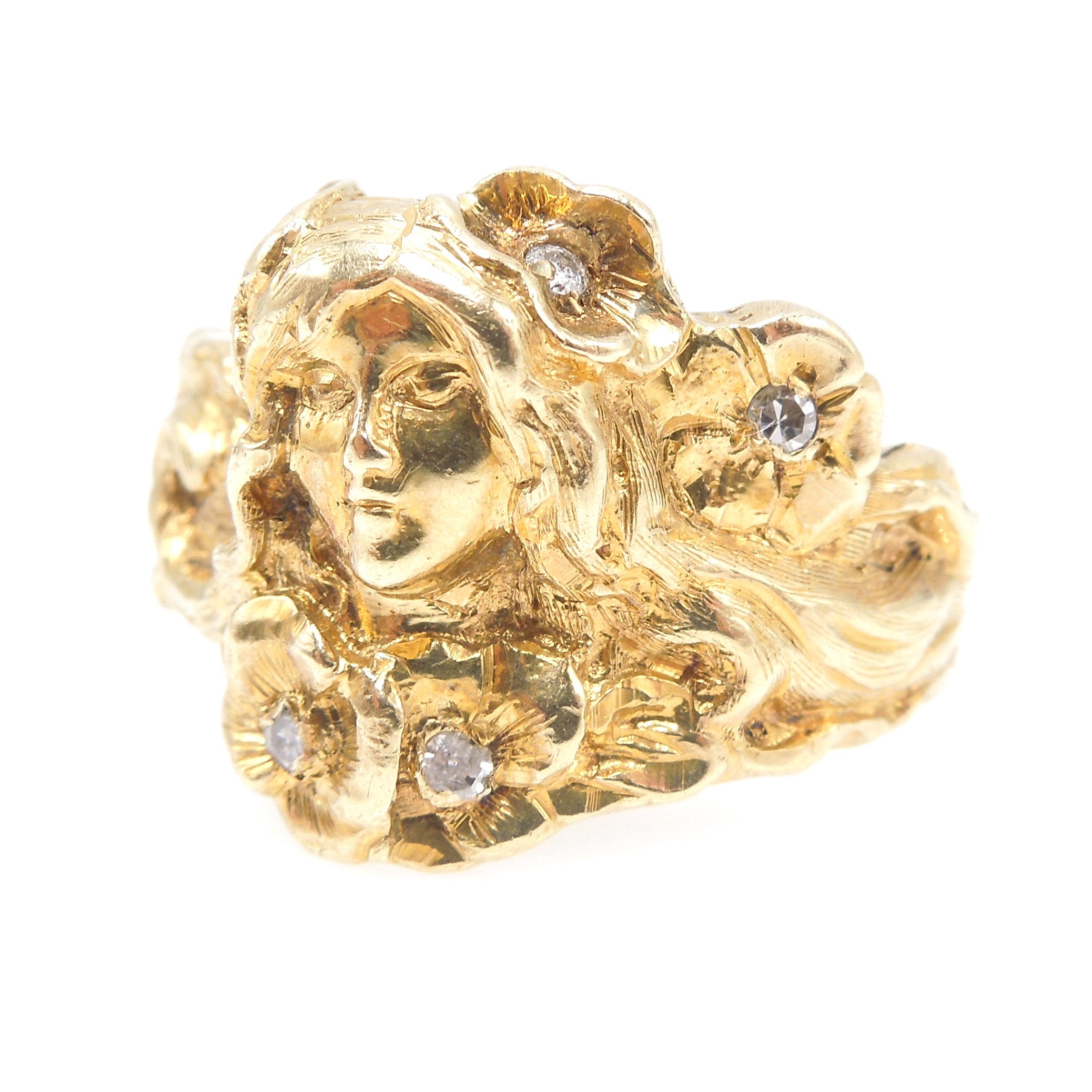 14K Yellow Gold Art Nouveau Style Ring - Lady Surrounded by Flowers with Diamonds