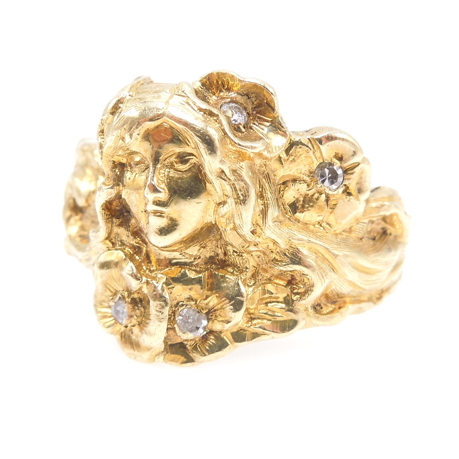 14K Yellow Gold Art Nouveau Style Ring - Lady Surrounded by Flowers with Diamonds