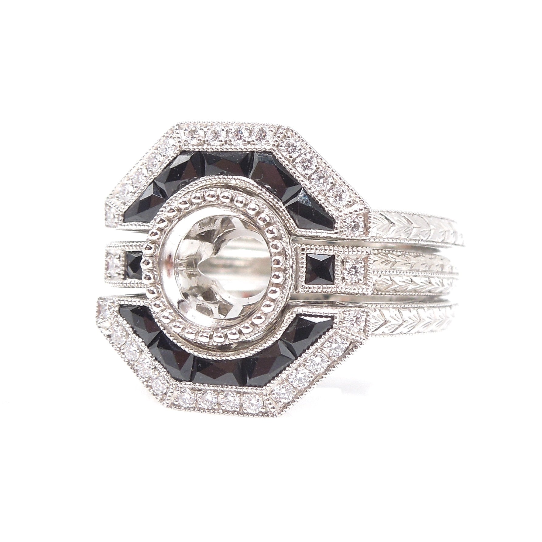 Platinum Diamond and Onyx Engagement Ring with Pair of Matched Ring Guards