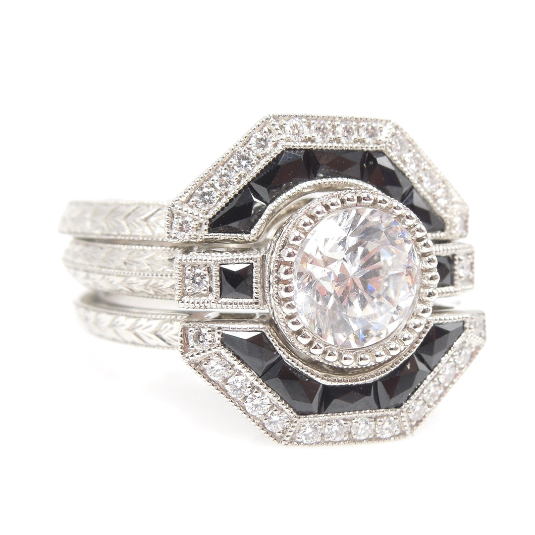 Platinum Diamond and Onyx Engagement Ring with Pair of Matched Ring Guards