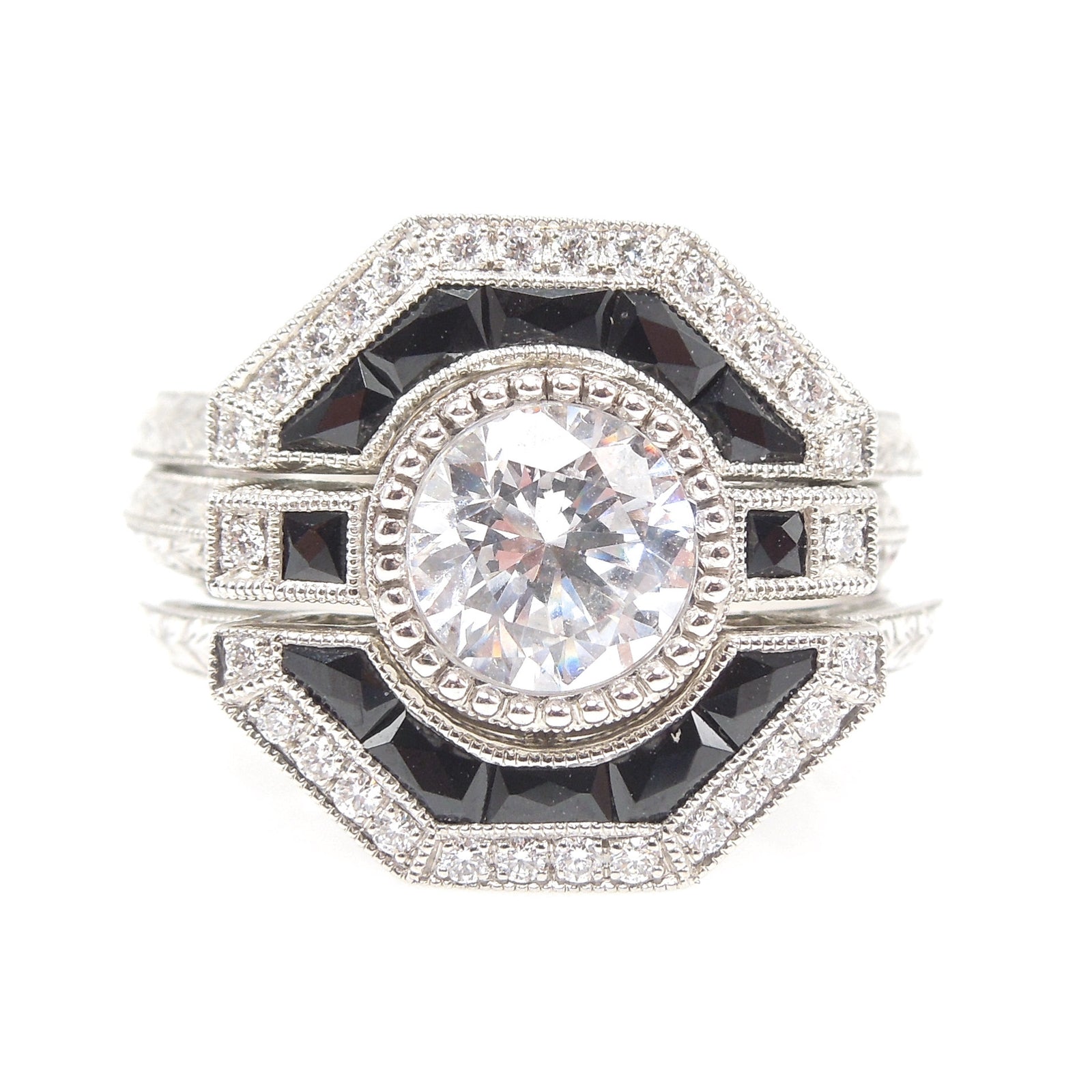 Platinum Diamond and Onyx Engagement Ring with Pair of Matched Ring Guards