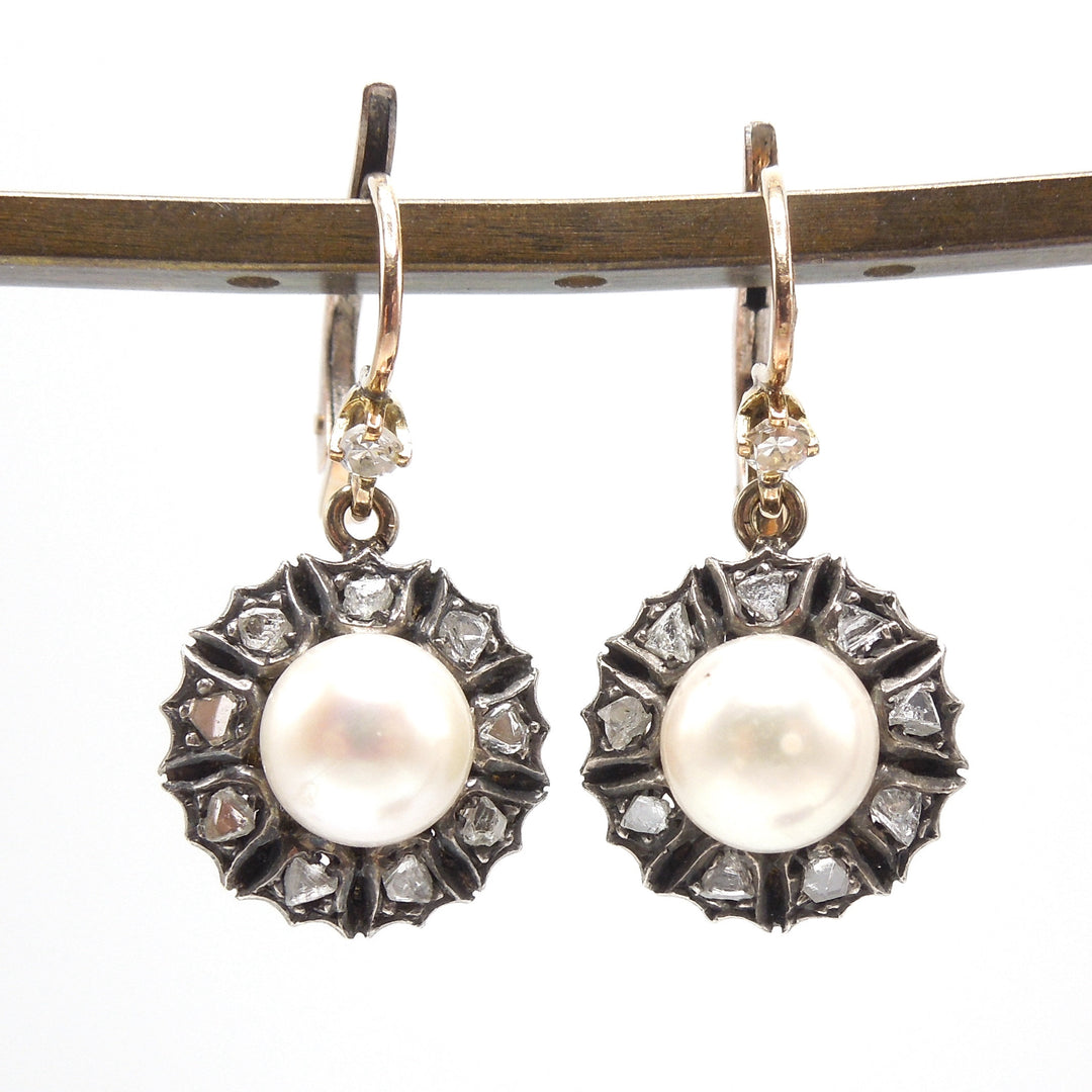 Georgian Style Rose Cut Diamond and Pearl Drop Earrings in 14K Yellow Gold and Sterling Silver
