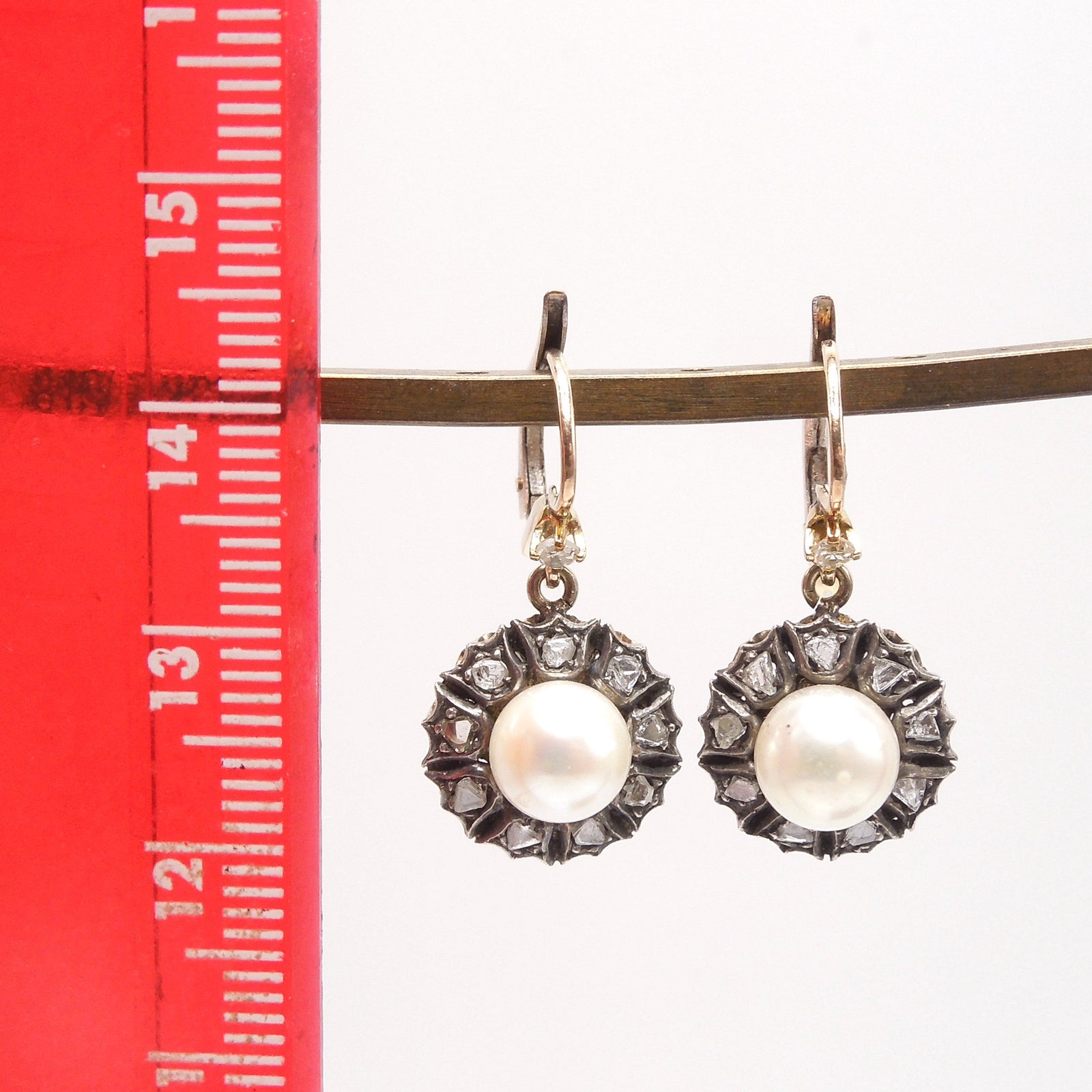 Georgian Style Rose Cut Diamond and Pearl Drop Earrings in 14K Yellow Gold and Sterling Silver