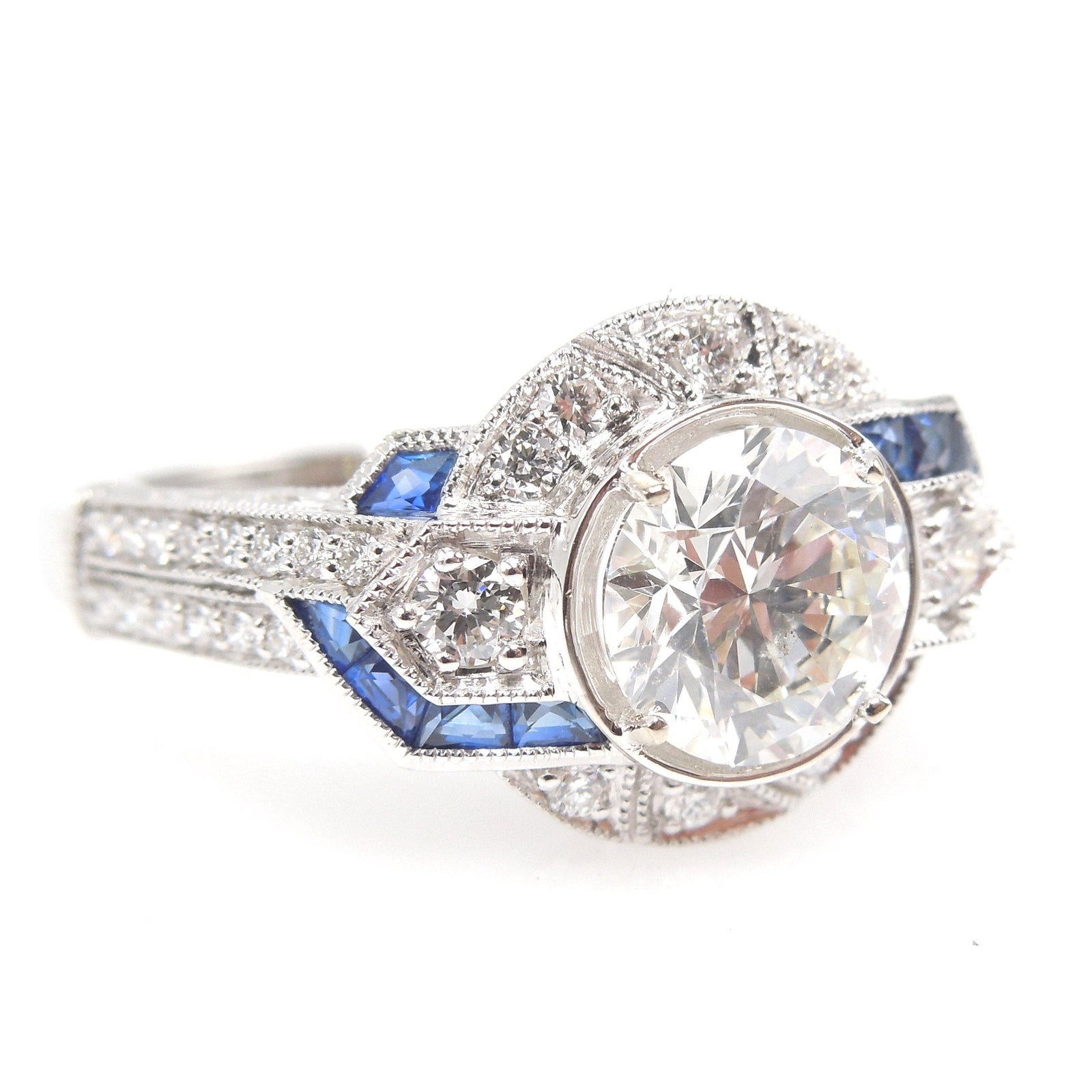 Art Deco Style 1.01ct Diamond Engagement Ring with Geometric French Cut Sapphire Pattern and Filigree