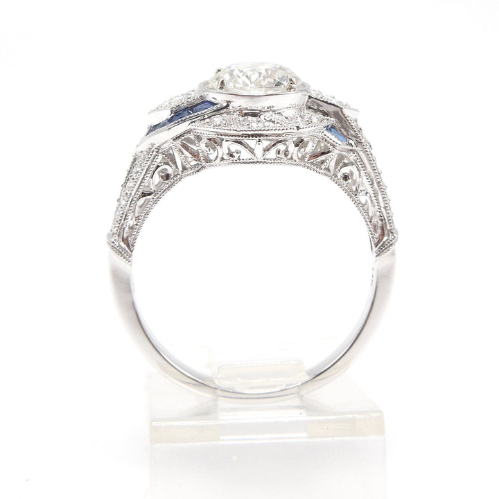 Art Deco Style 1.01ct Diamond Engagement Ring with Geometric French Cut Sapphire Pattern and Filigree