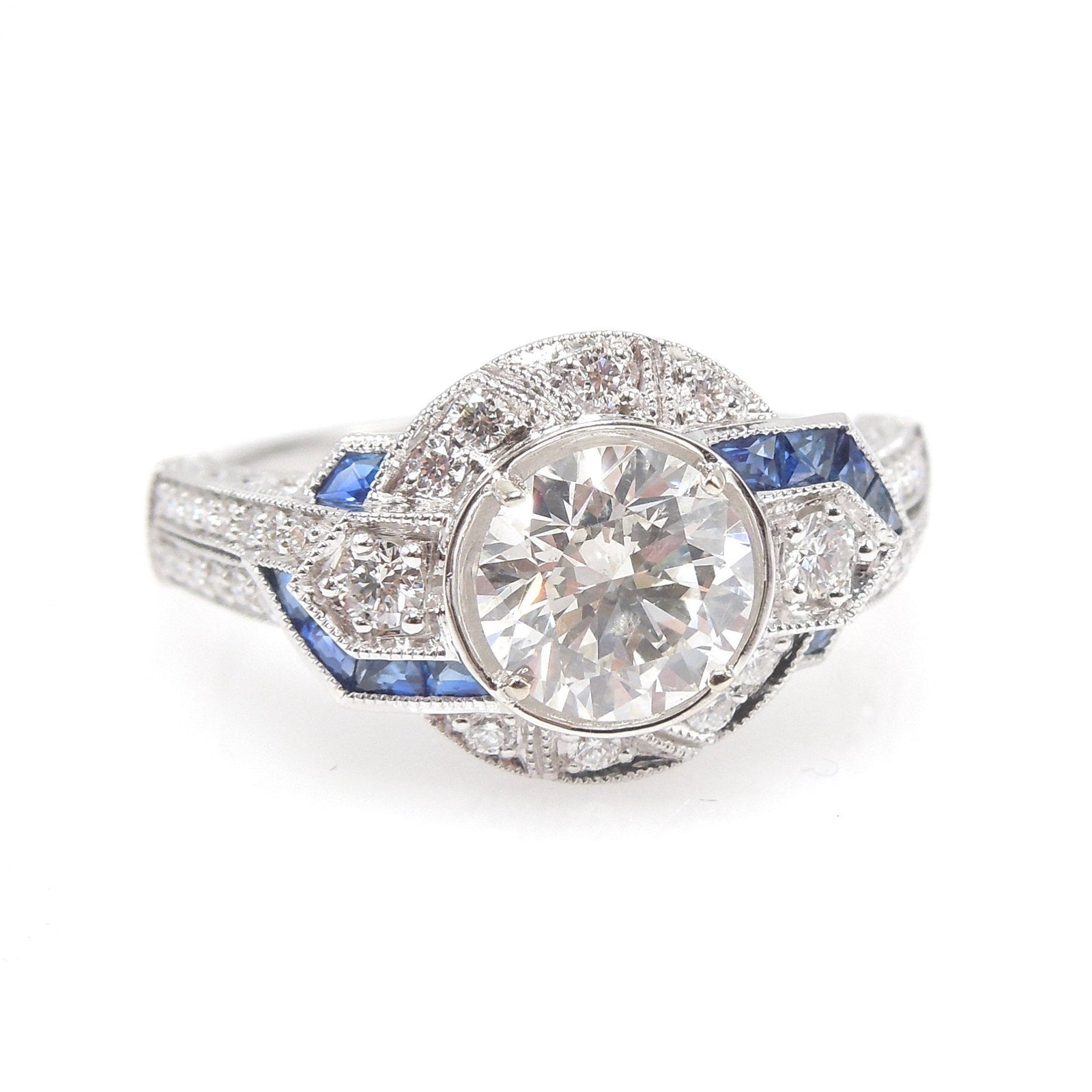 Art Deco Style 1.01ct Diamond Engagement Ring with Geometric French Cut Sapphire Pattern and Filigree