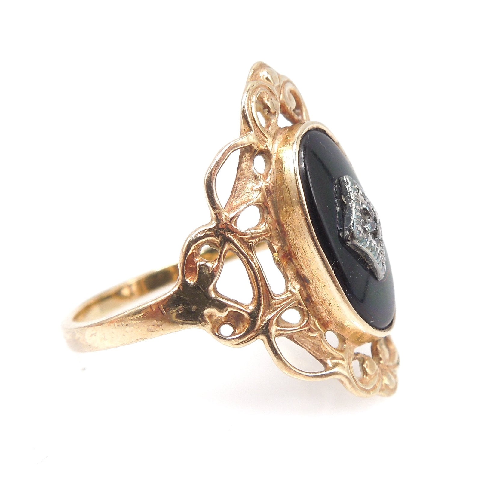 10K Yellow Gold Art Deco 1930s Onyx Ring with Rose Cut Diamond Framed in White Gold