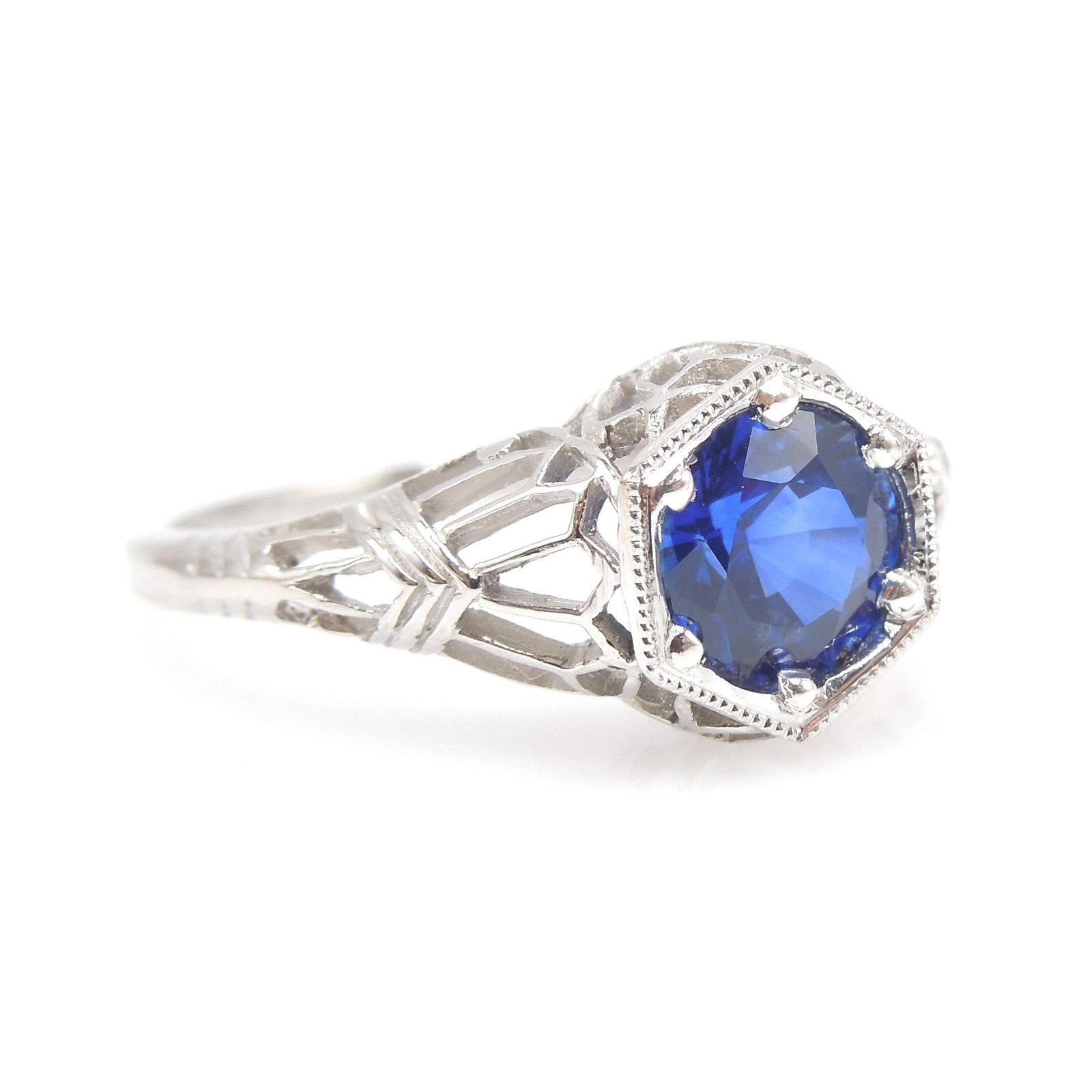 Filigreed Hexagonal Ring in Platinum with 1.08ct Ceylon Blue Sapphire