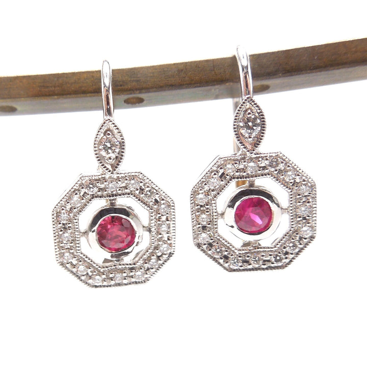 Octagonal Ruby and Diamond Art Deco Style Drop Earrings in 14K Yellow and White Gold