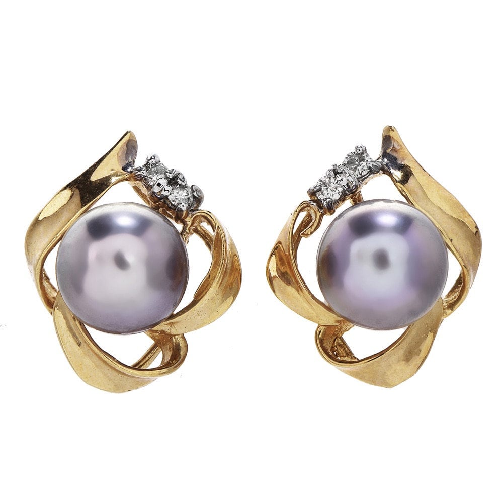 Vintage Pearl and Diamond Stud Earrings in Yellow Gold
