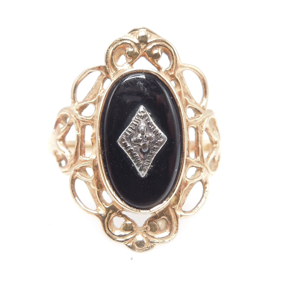 10K Yellow Gold Art Deco 1930s Onyx Ring with Rose Cut Diamond Framed in White Gold