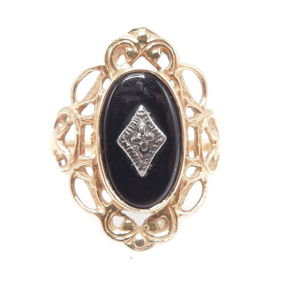 10K Yellow Gold Art Deco 1930s Onyx Ring with Rose Cut Diamond Framed in White Gold