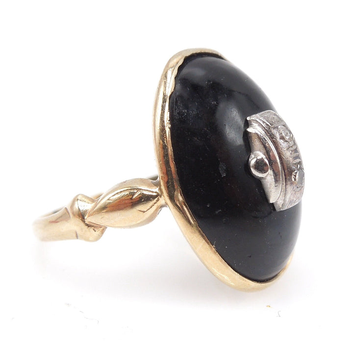 10K Yellow Gold Art Deco 1930s Domed Onyx Ring with Two Diamonds Framed in White Gold