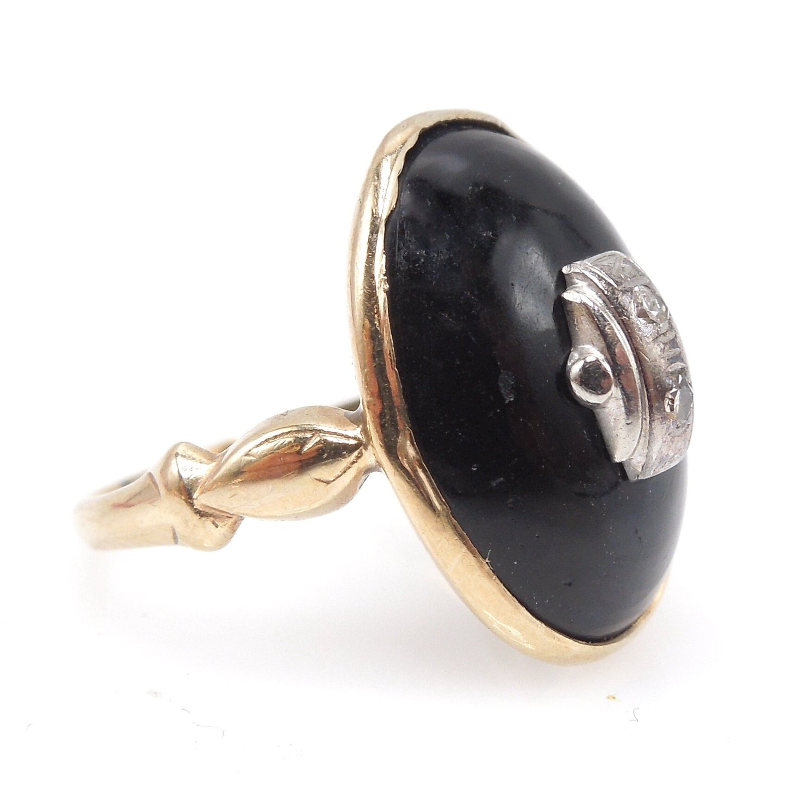 10K Yellow Gold Art Deco 1930s Domed Onyx Ring with Two Diamonds Framed in White Gold