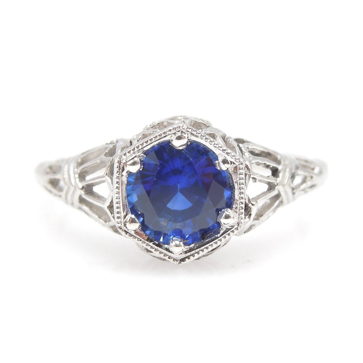 Filigreed Hexagonal Ring in Platinum with 1.08ct Ceylon Blue Sapphire