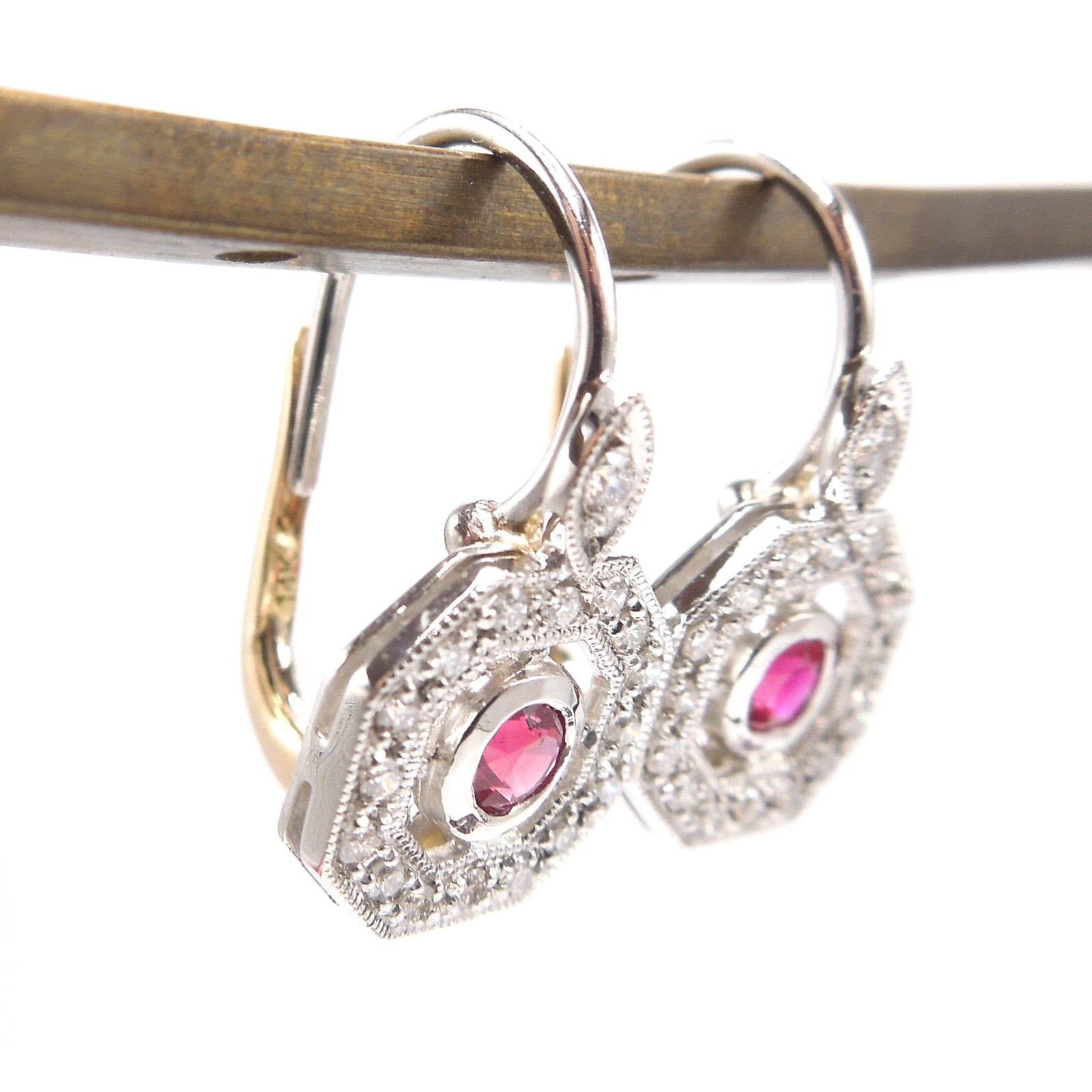 Octagonal Ruby and Diamond Art Deco Style Drop Earrings in 14K Yellow and White Gold