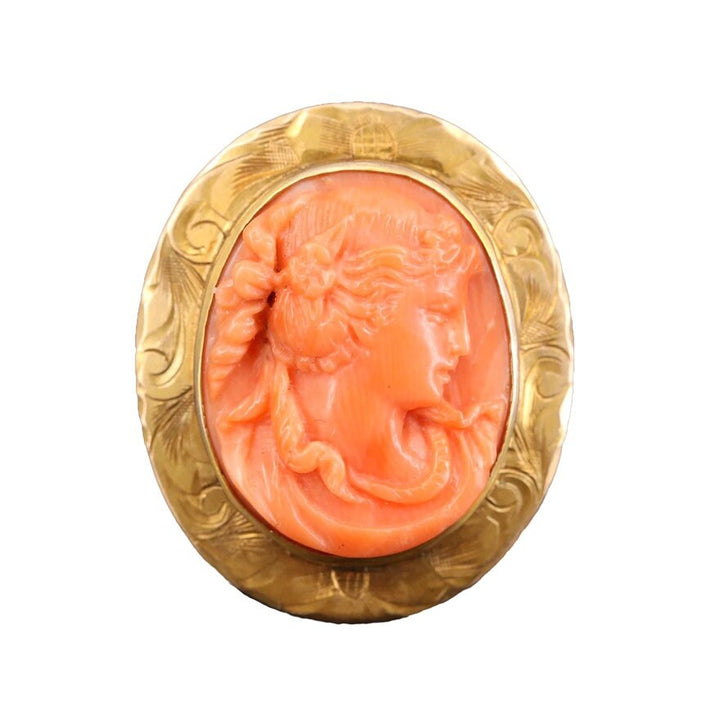 Victorian Era Coral and Yellow Gold Cameo Brooch/Pendant