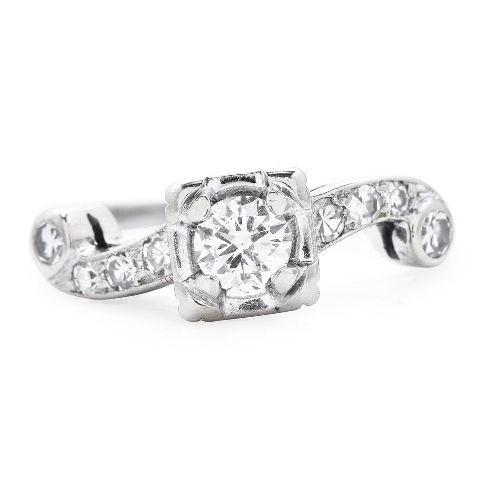 14K White Gold Estate Scroll Engagement Ring with 0.28ct Diamond