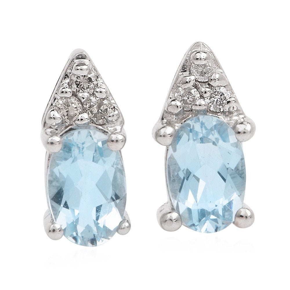 White Gold Aquamarine and Diamond Petite Stud Earrings