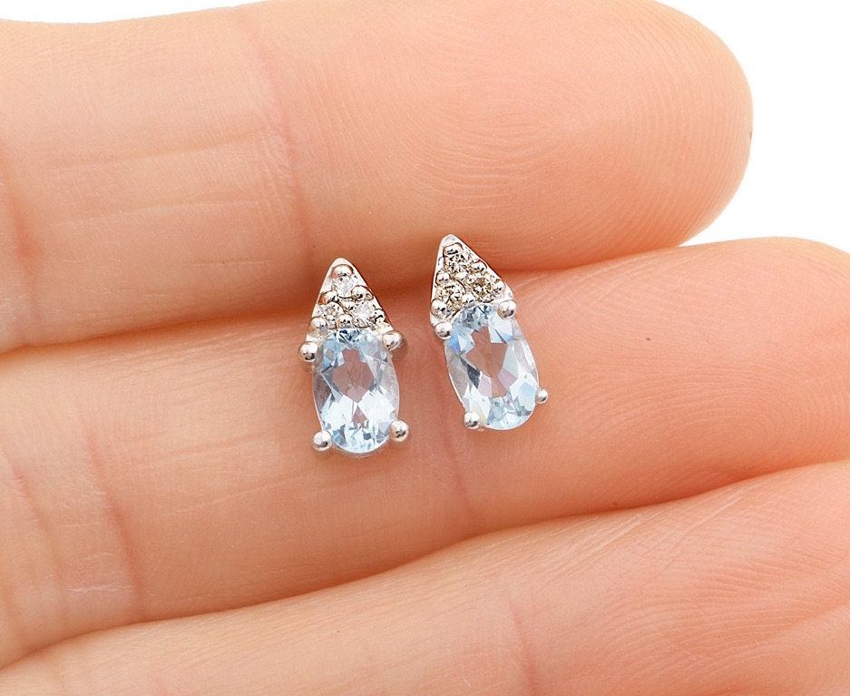 White Gold Aquamarine and Diamond Petite Stud Earrings