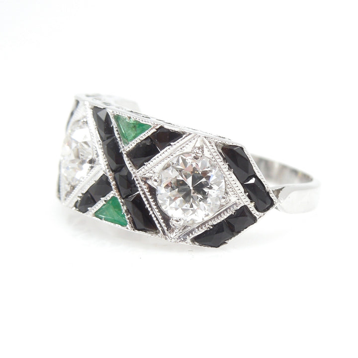 1920s Art Deco Three Diamond Ring with Emerald and Onyx Accents in Platinum