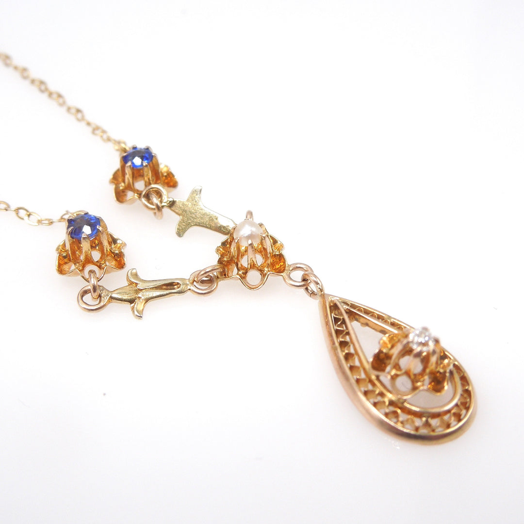 Filigree Victorian Lavalier Necklace in 14K Yellow Gold with Diamond, Sapphires, and Pearl