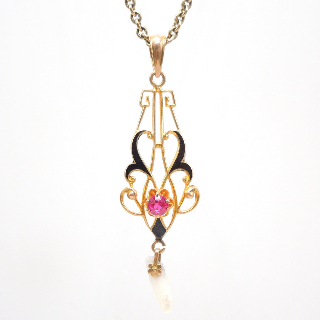 Art Nouveau Style Yellow Gold and Enamel Pendant with Dogtooth Pearl and Red Stone