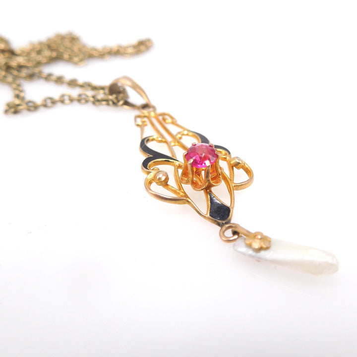Art Nouveau Style Yellow Gold and Enamel Pendant with Dogtooth Pearl and Red Stone