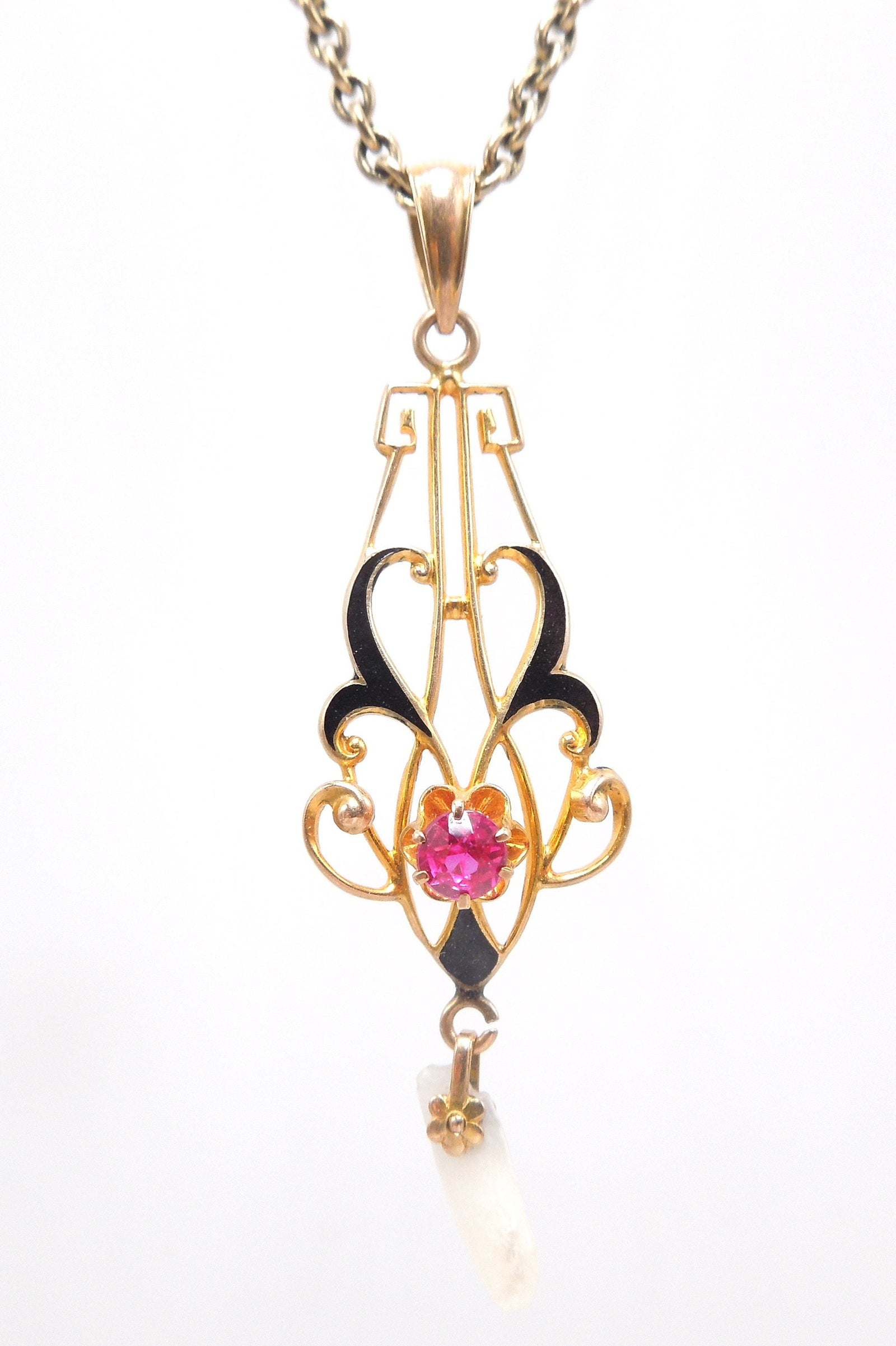 Art Nouveau Style Yellow Gold and Enamel Pendant with Dogtooth Pearl and Red Stone