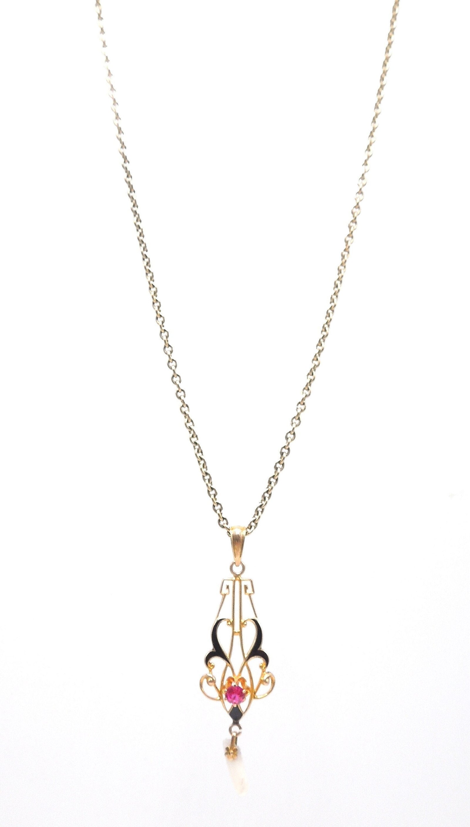 Art Nouveau Style Yellow Gold and Enamel Pendant with Dogtooth Pearl and Red Stone