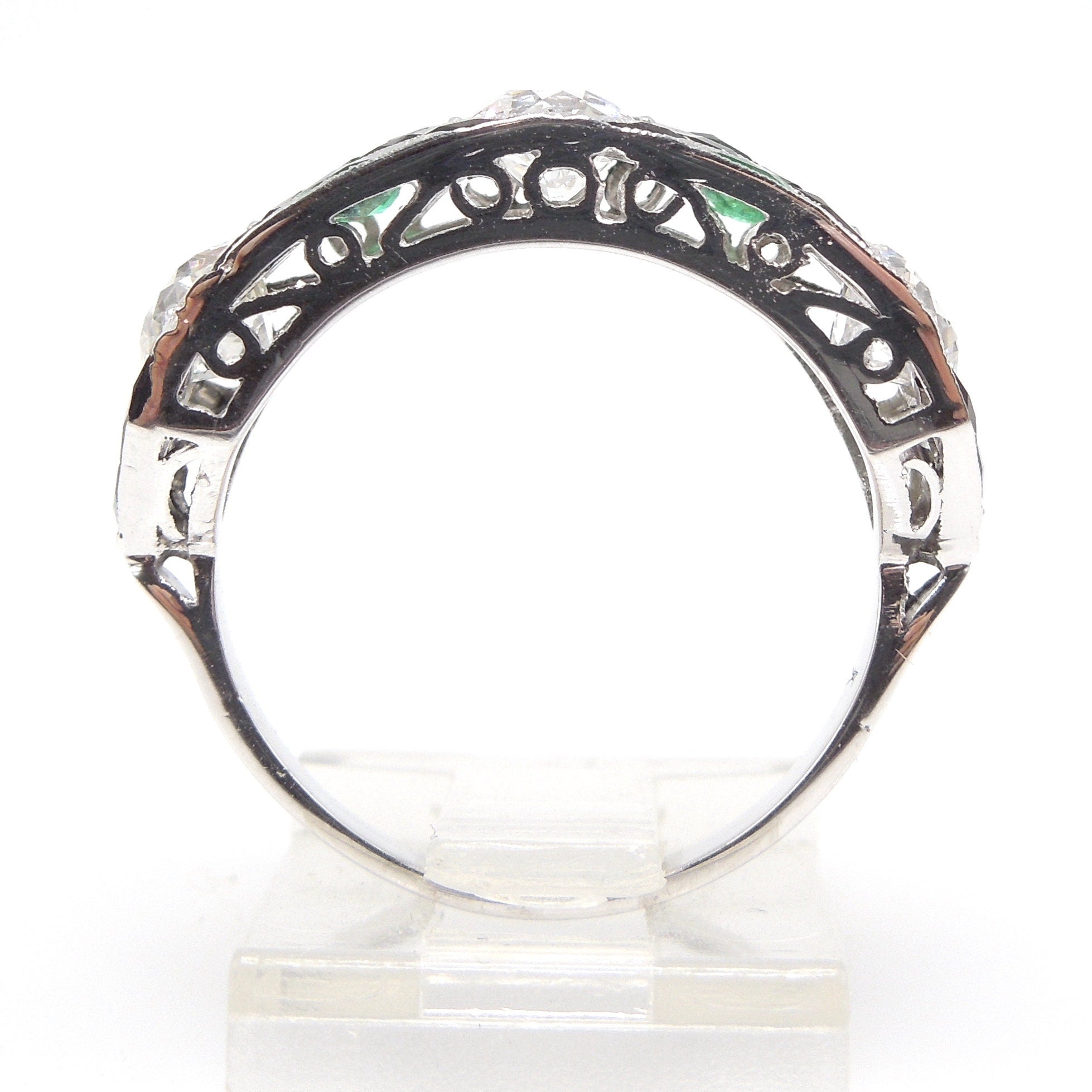 1920s Art Deco Three Diamond Ring with Emerald and Onyx Accents in Platinum