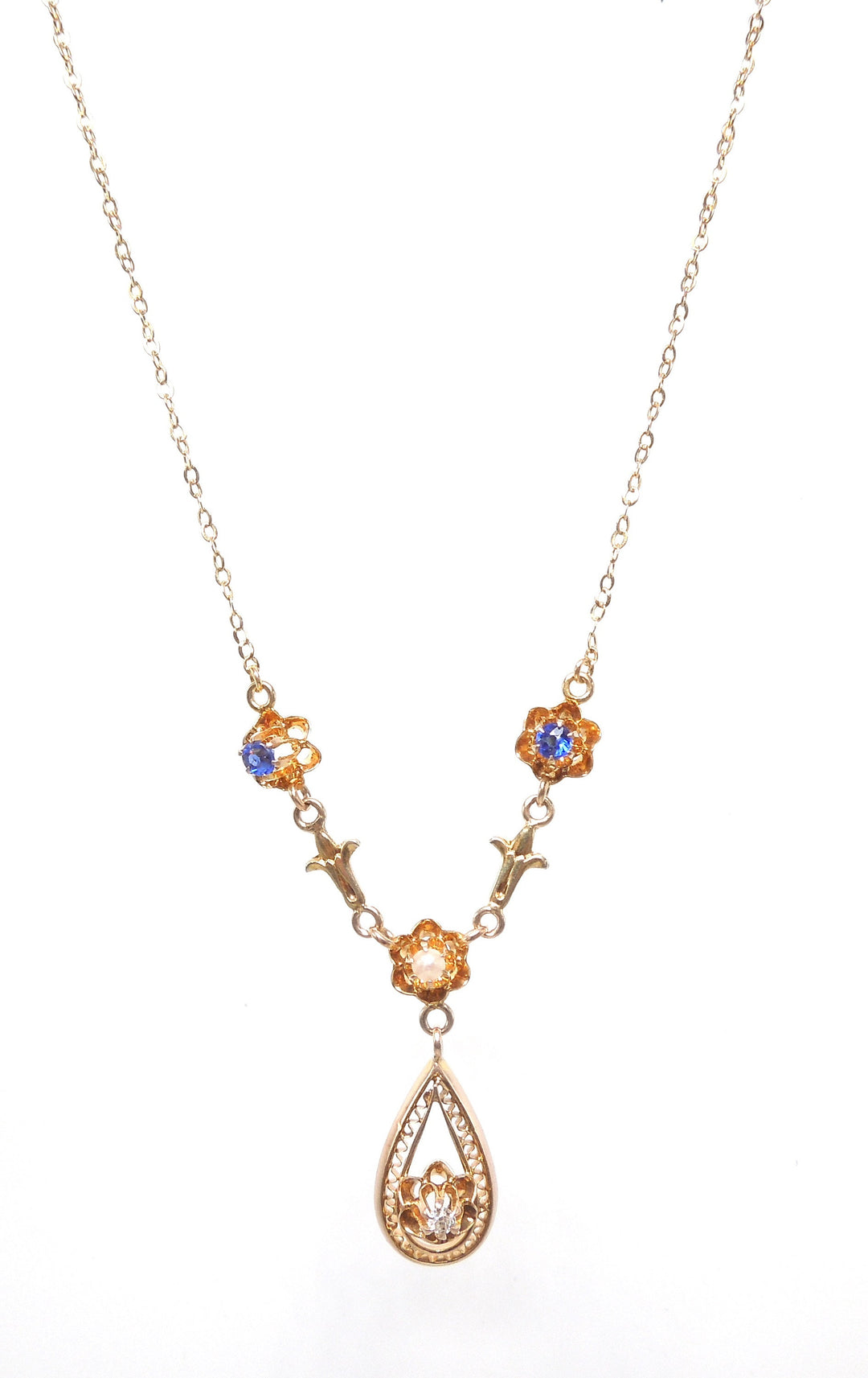 Filigree Victorian Lavalier Necklace in 14K Yellow Gold with Diamond, Sapphires, and Pearl