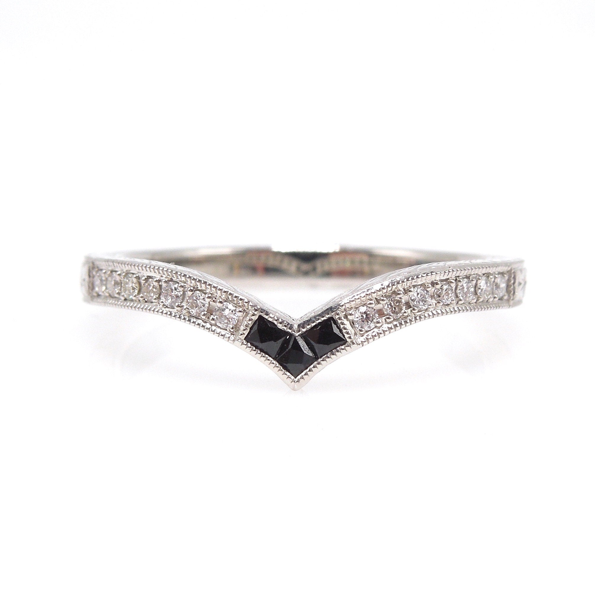 Black Onyx and Diamond Contoured V-shaped Band in Platinum