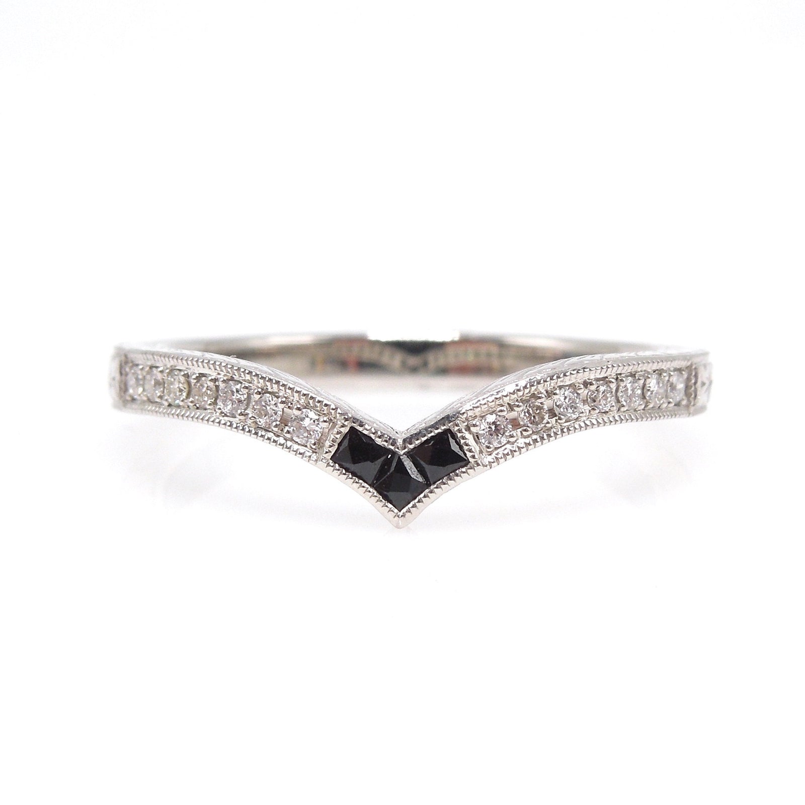Black Onyx and Diamond Contoured V-shaped Band in Platinum